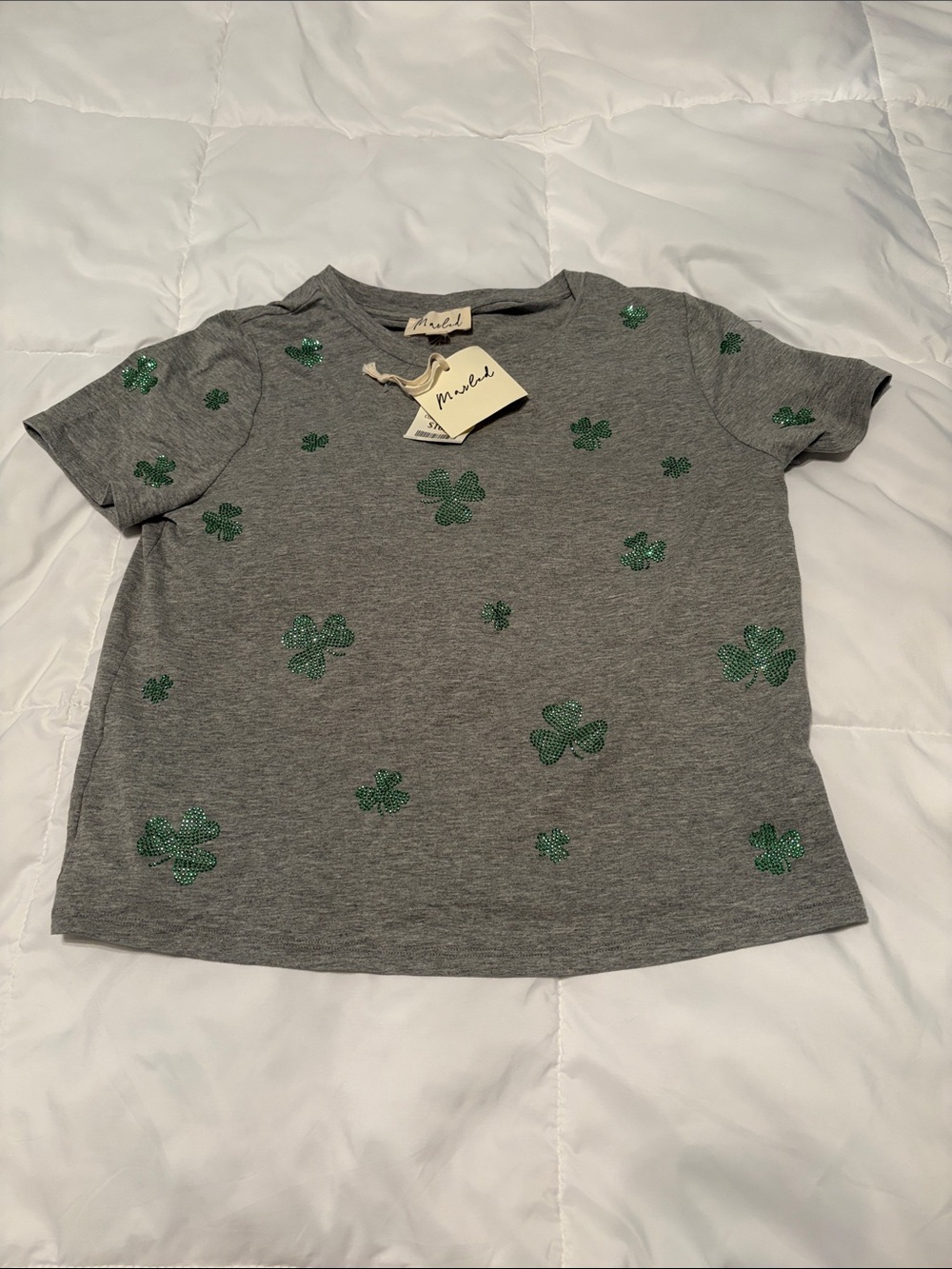 Gray Tee with Green Shamrock Embellishments